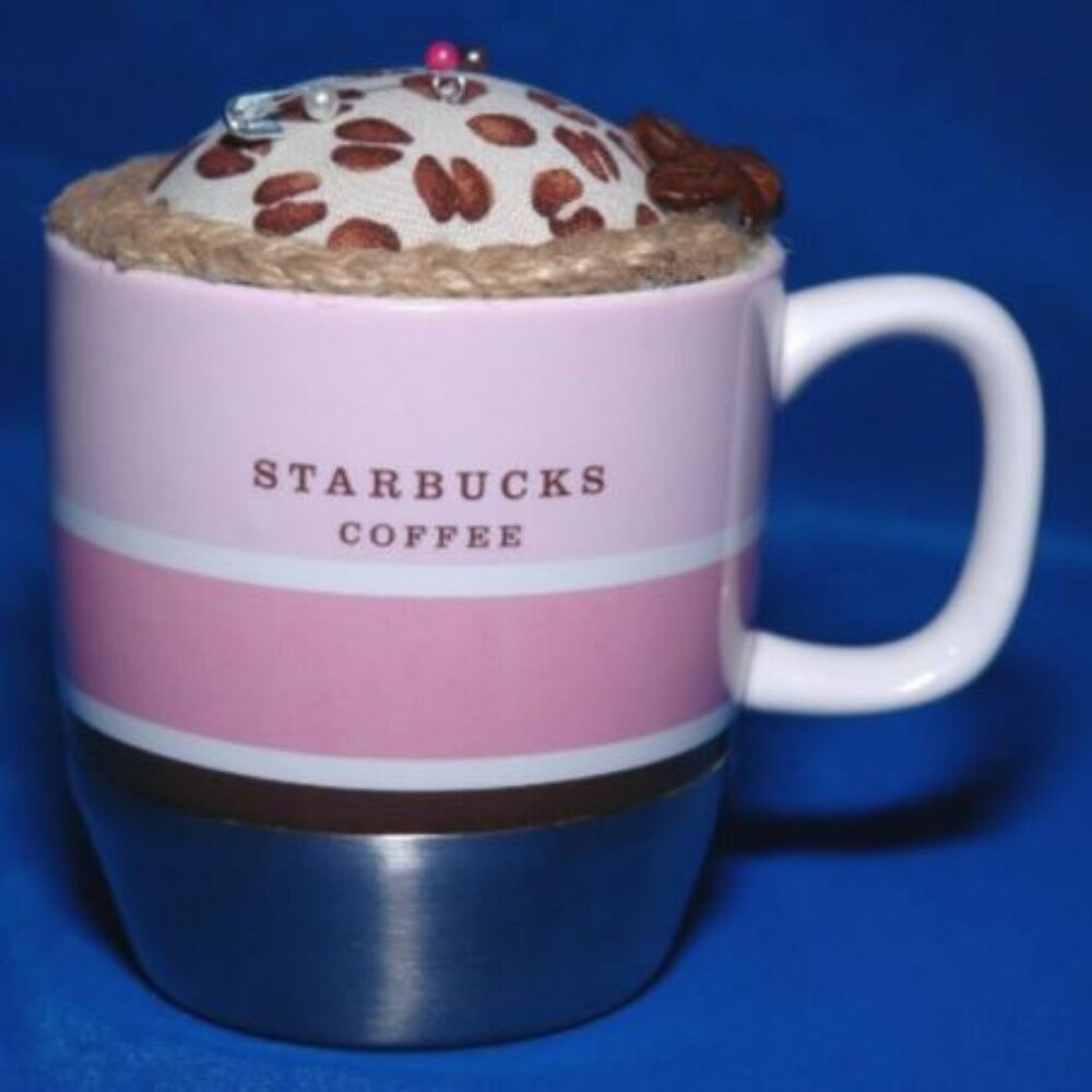 STARBUCKS Mug PIN CUSHION Sewing Needle Storage Coffee Tea Cup Hand Crafted